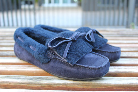 Mocassini in pelle con pelo effetto Teddy blu notte