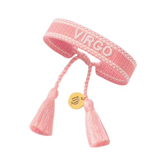 Bracciale in tessuto rosa con scritta Virgo e charm