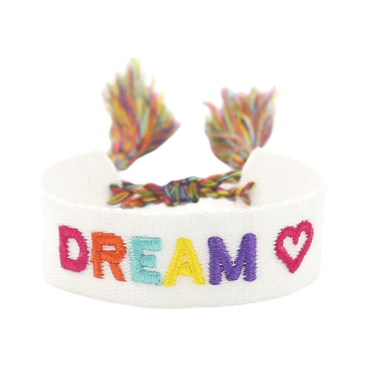 Bracciale in tessuto bianco con scritta Dream arcobaleno ricamata