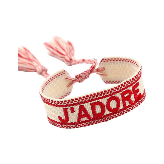 Bracciale in tessuto bianco con scritta J'Adore ricamata rossa