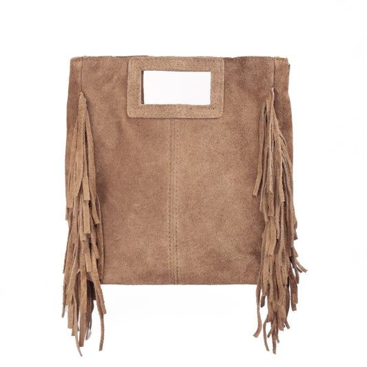 Borsa Suede in pelle scamosciata con frange taupe