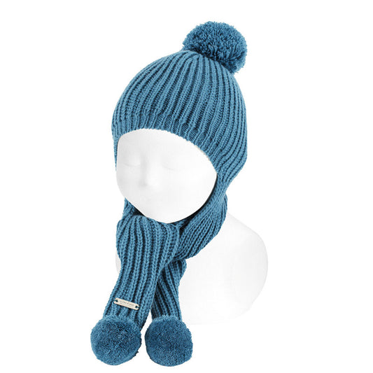 Cappello con sciarpa pom pom petrolio