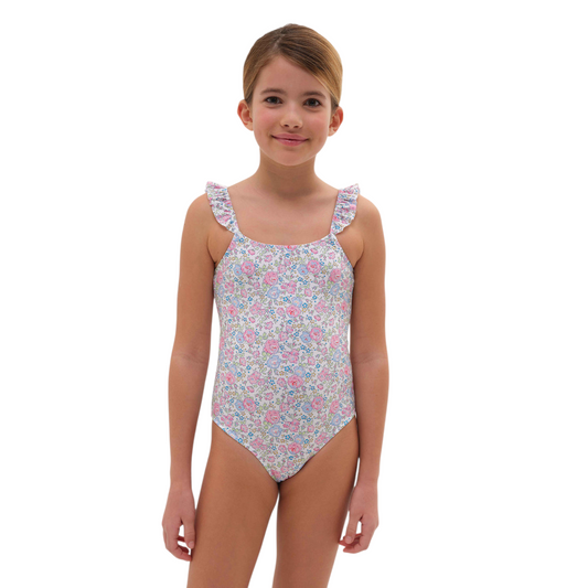 Costume intero rouches bimba bianco Fiori multicolor Liberty