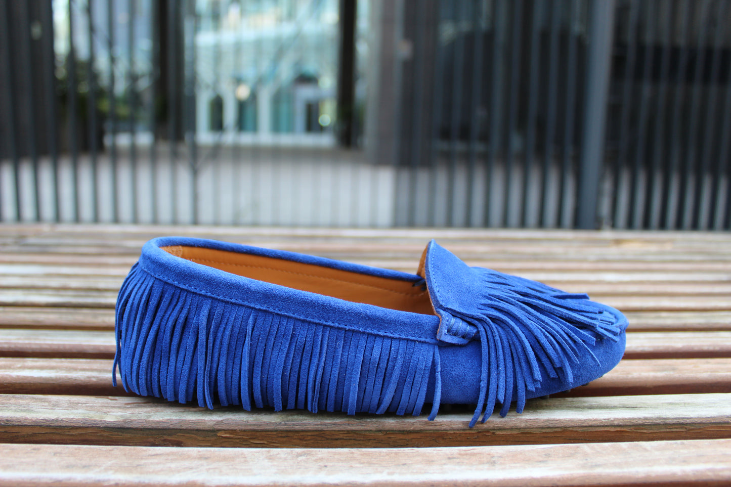 Mocassini scamosciati frange bluette
