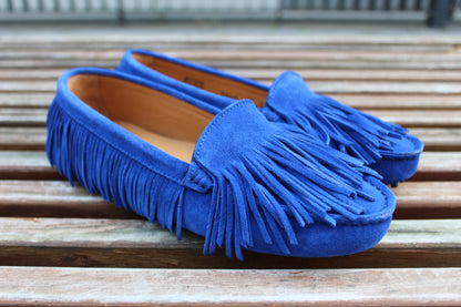 Mocassini scamosciati frange bluette