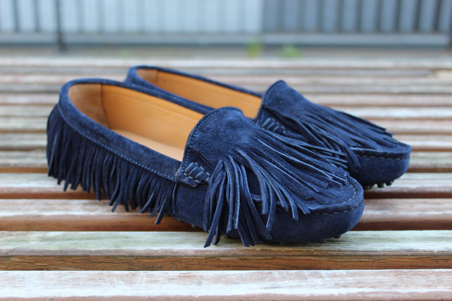 Mocassini scamosciati frange blu notte