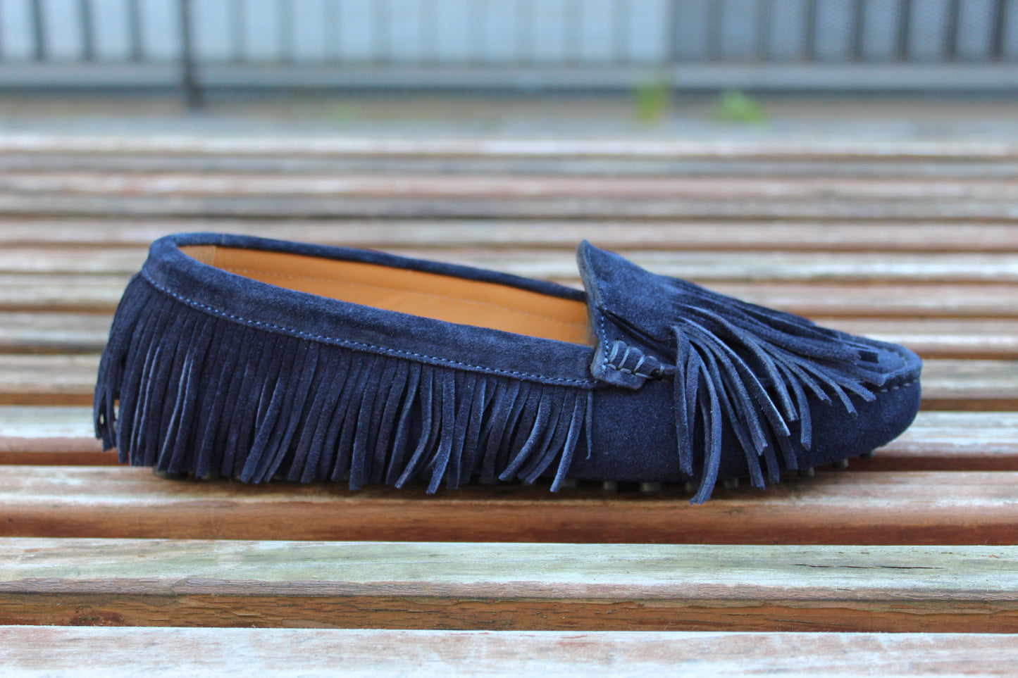 Mocassini scamosciati frange blu notte