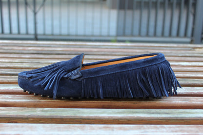 Mocassini scamosciati frange blu notte