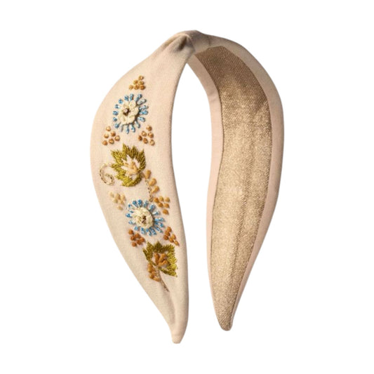 Cerchietto a fascia cotone panna ricamo Floreale