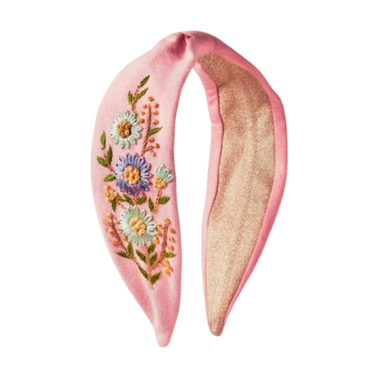 Cerchietto a fascia cotone rosa ricamo Floreale