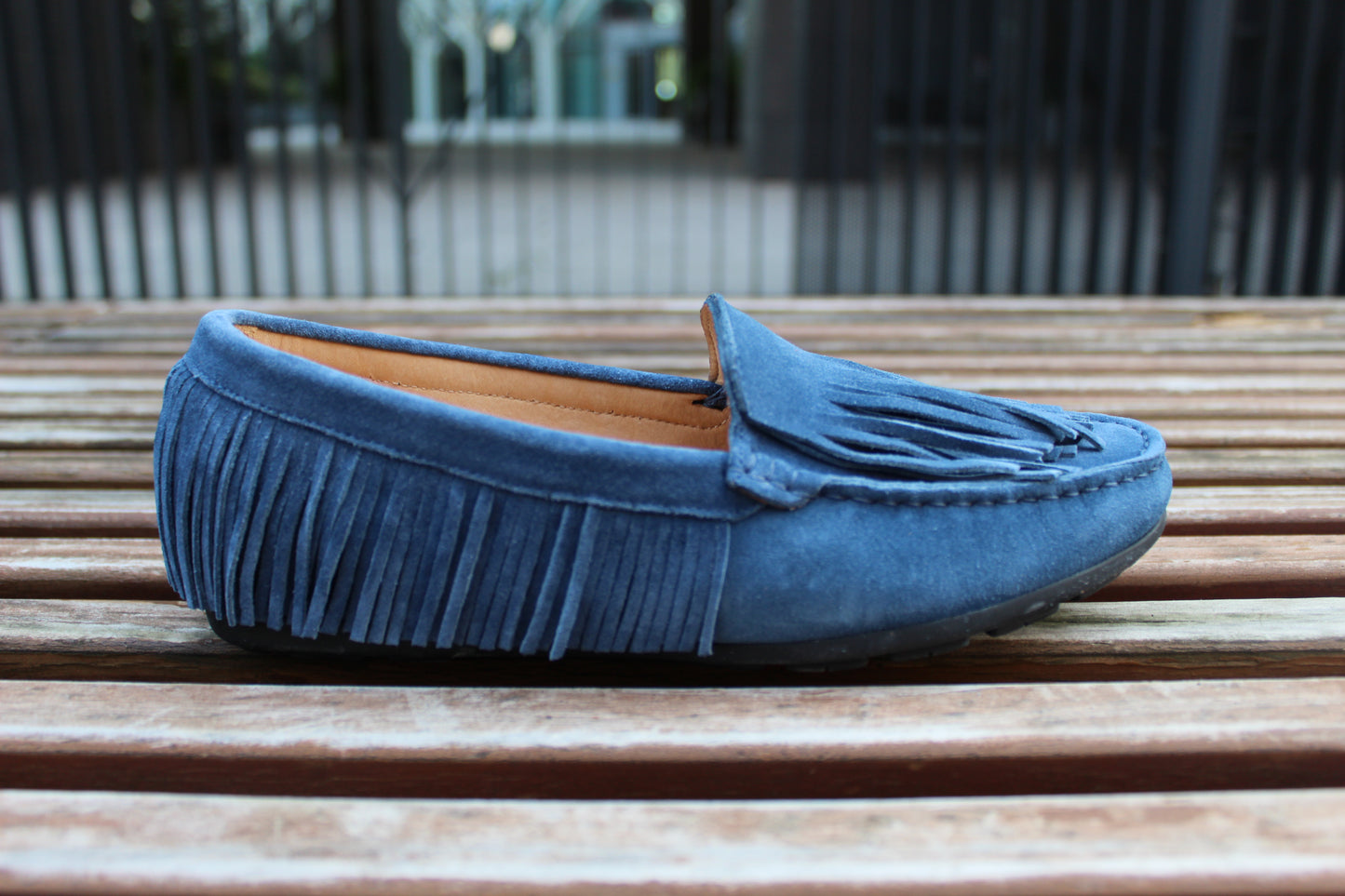 Mocassini scamosciati frange denim
