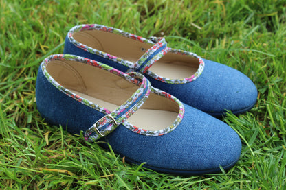 Ballerine in cotone denim bordino fiori multicolor