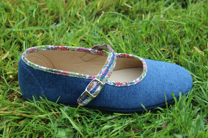Ballerine in cotone denim bordino fiori multicolor