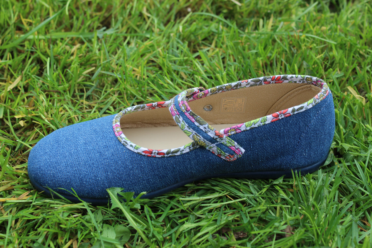 Ballerine in cotone denim bordino fiori multicolor