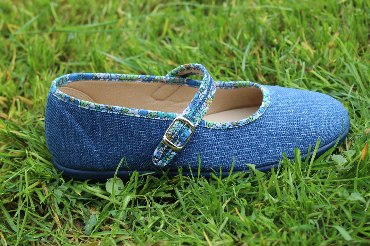 Ballerine in cotone denim bordino fiori verdi