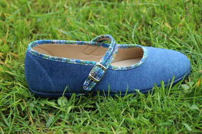 Ballerine in cotone denim bordino fiori verdi