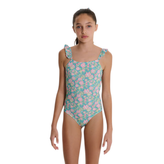 Costume intero rouches bimba Fiori verdi e rosa Liberty