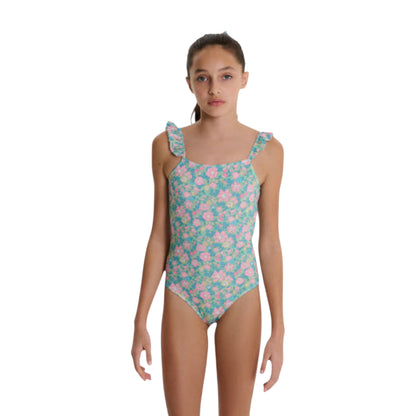 Costume intero rouches bimba Fiori verdi e rosa Liberty