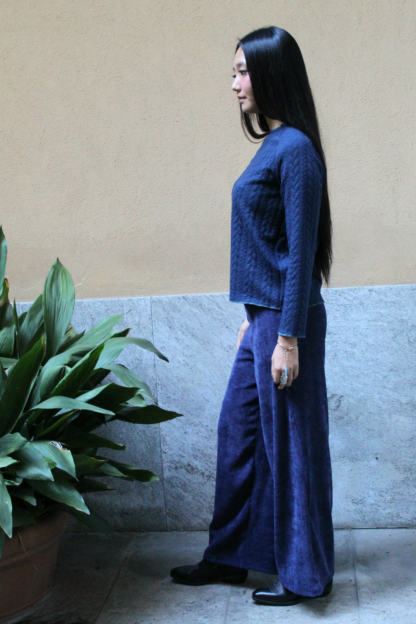 Jogger con elastico in vita velluto melange blu notte