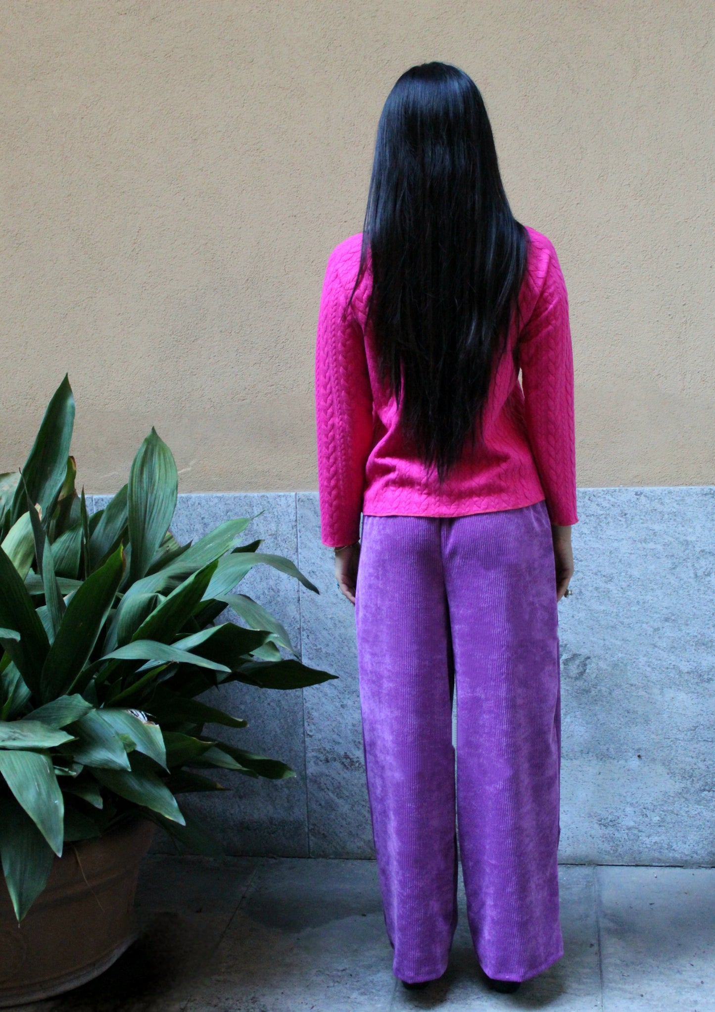Jogger con elastico in vita velluto melange fuxia