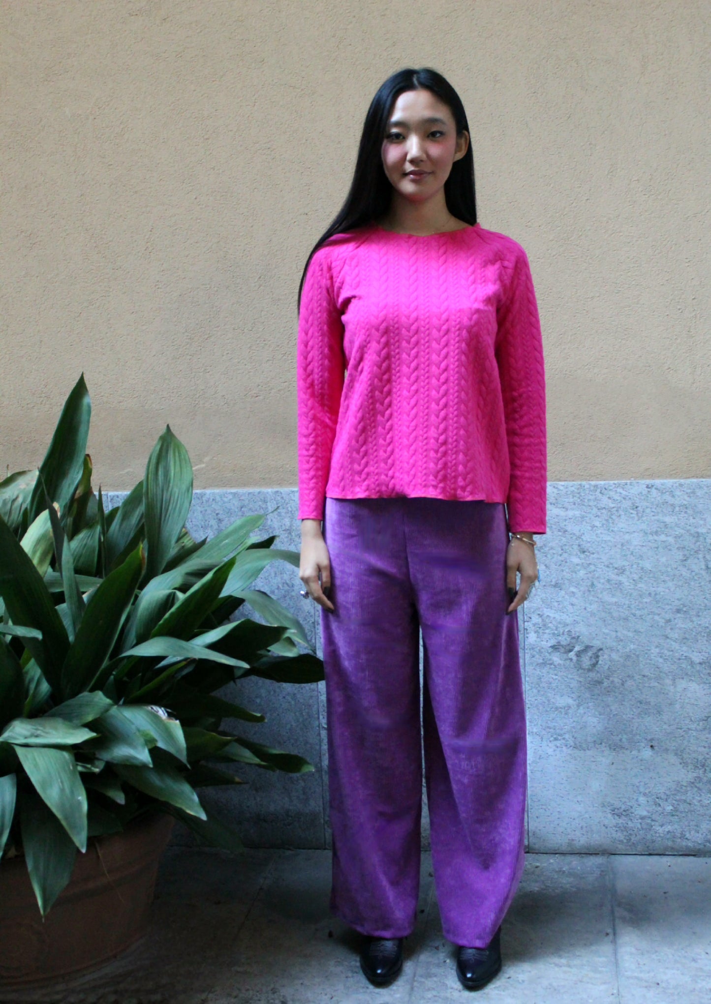 Felpa maniche lunghe treccia fuxia