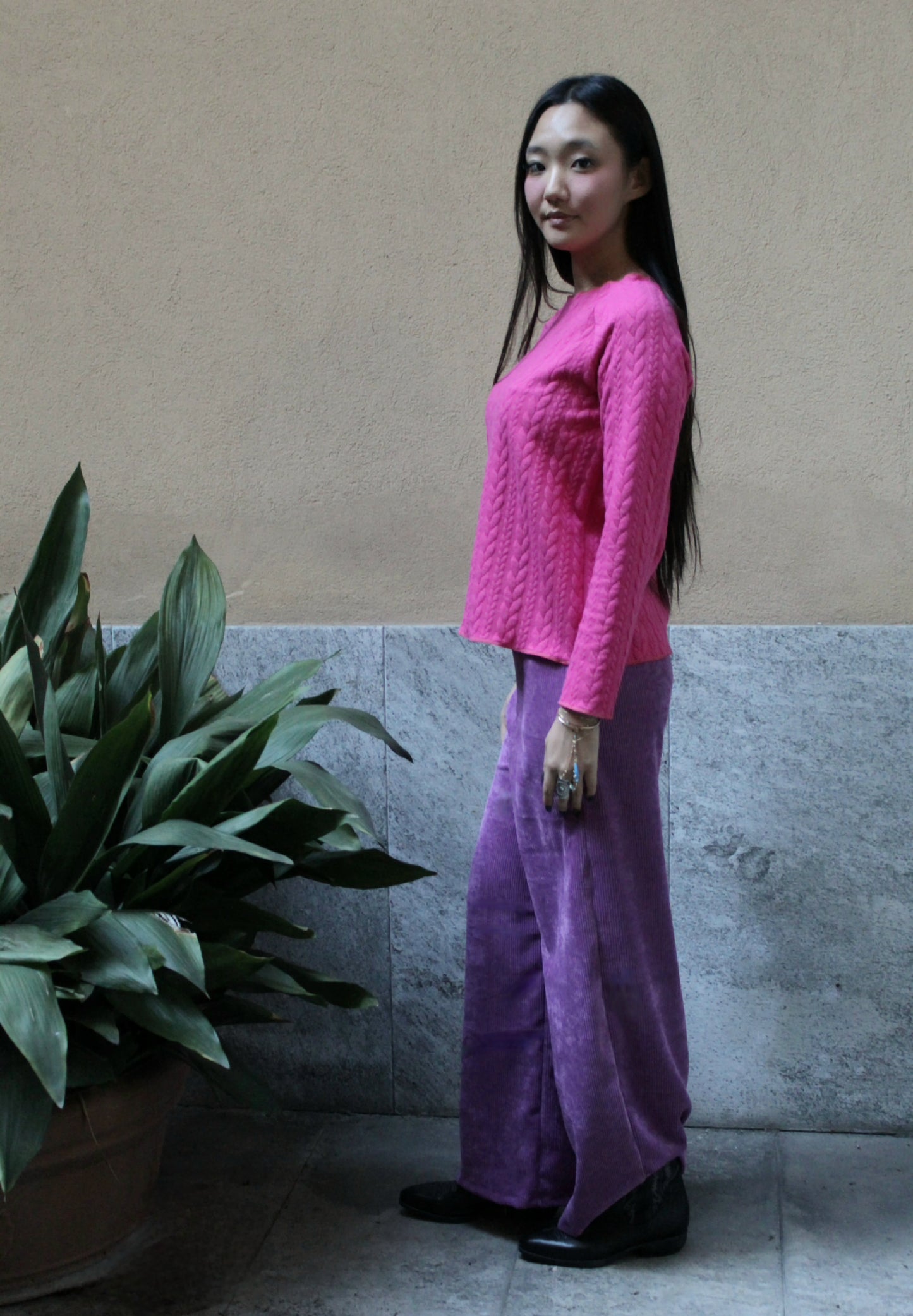 Jogger con elastico in vita velluto melange fuxia