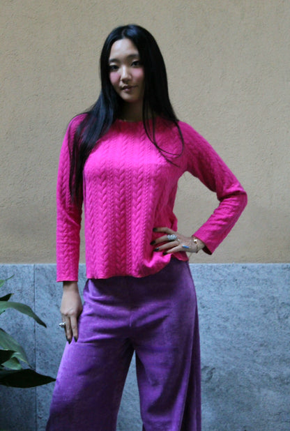 Felpa maniche lunghe treccia fuxia