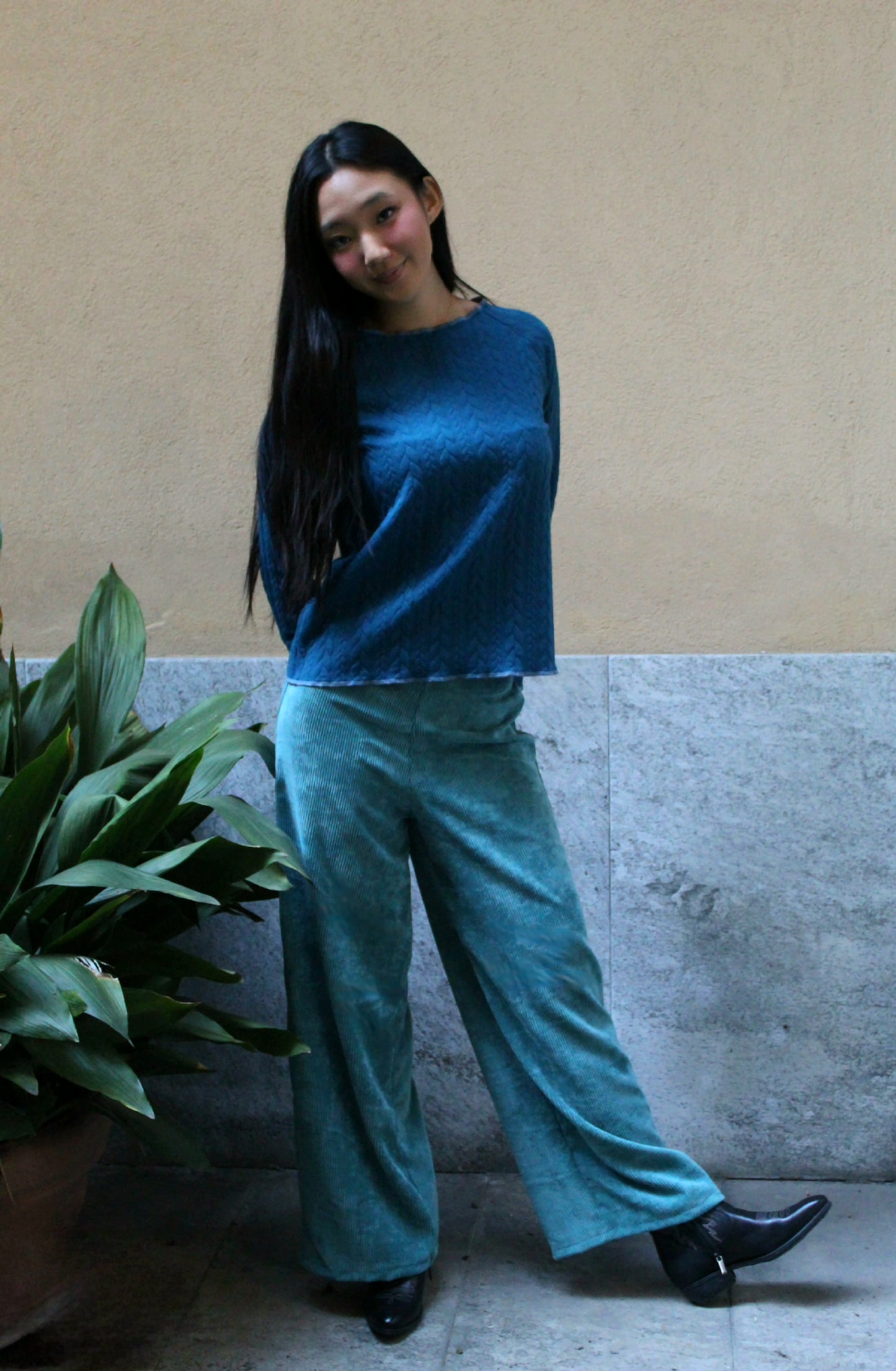 Felpa maniche lunghe treccia ottanio