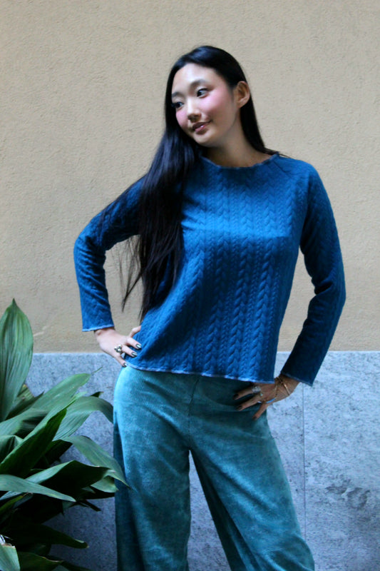 Felpa maniche lunghe treccia ottanio