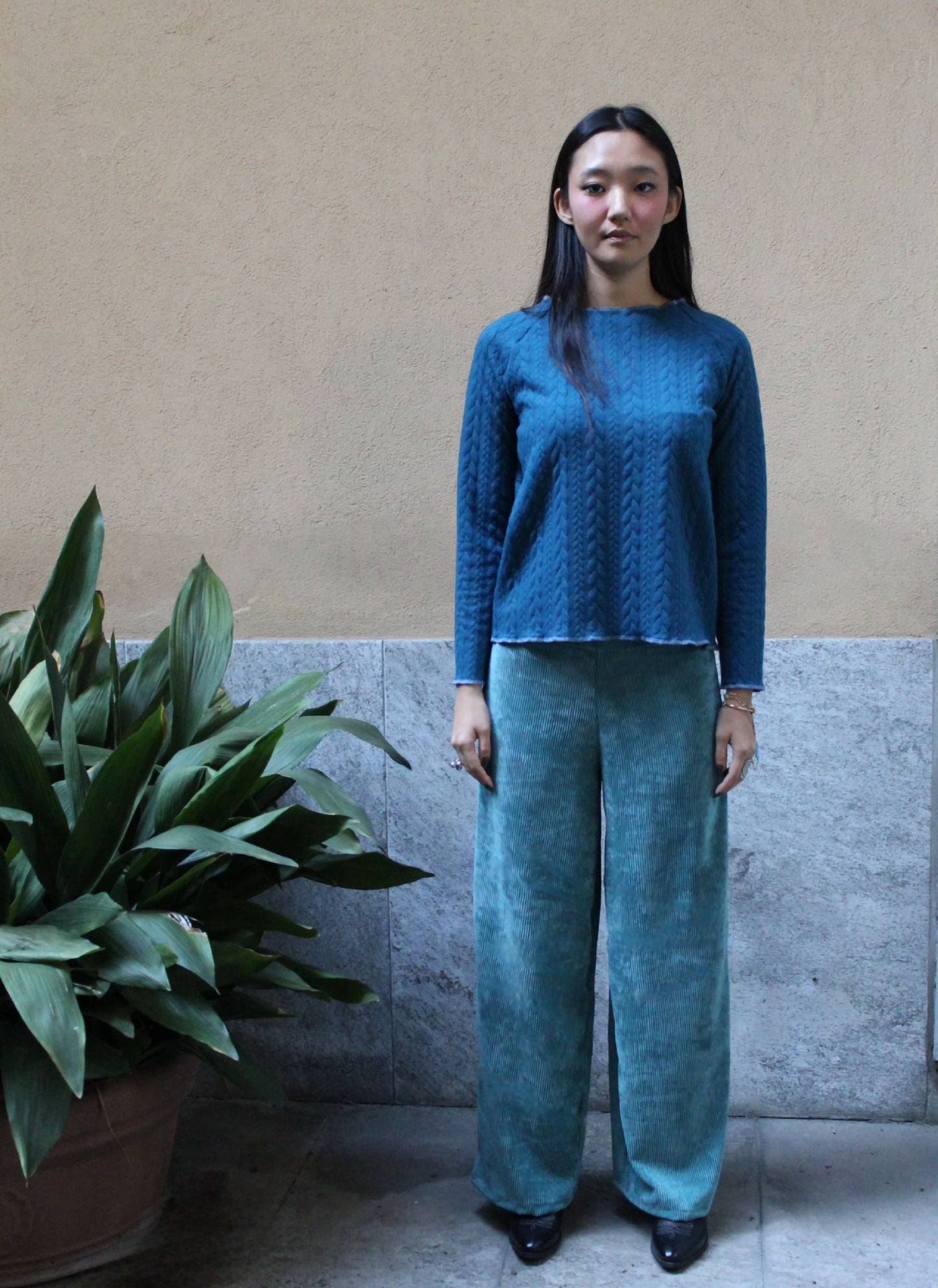 Felpa maniche lunghe treccia ottanio