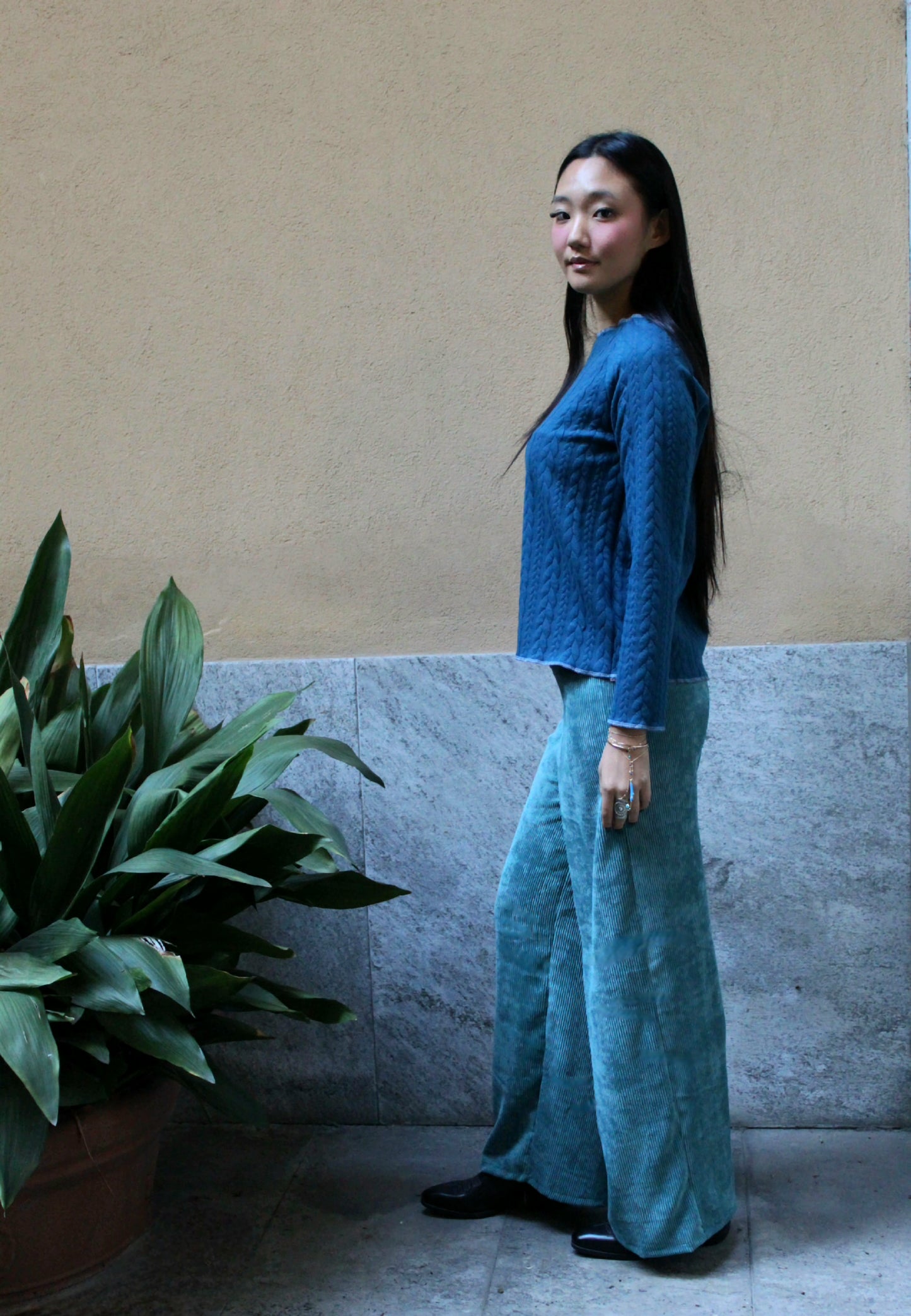 Jogger con elastico in vita velluto melange ottanio