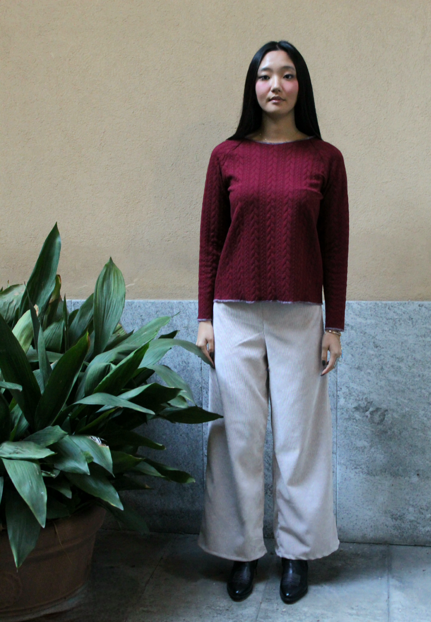 Felpa maniche lunghe treccia bordeaux