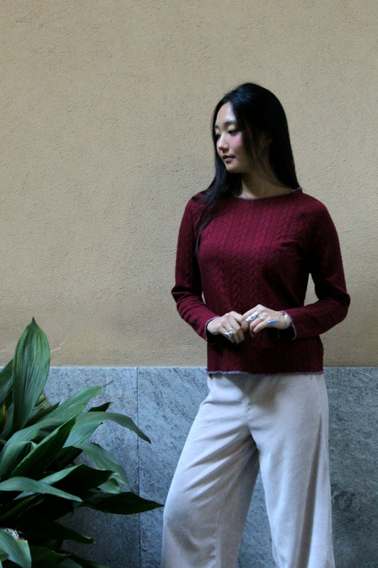 Felpa maniche lunghe treccia bordeaux