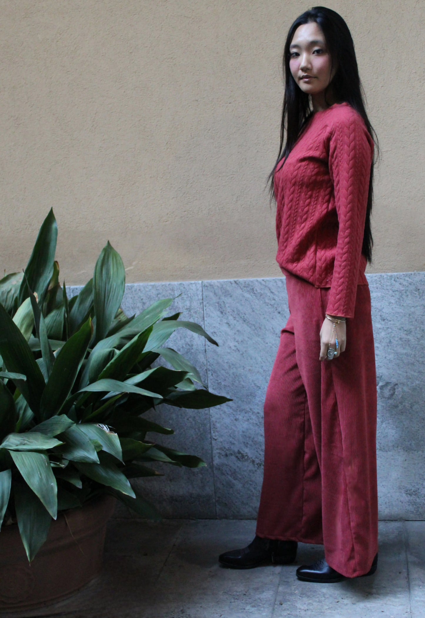 Jogger con elastico in vita velluto melange ruggine