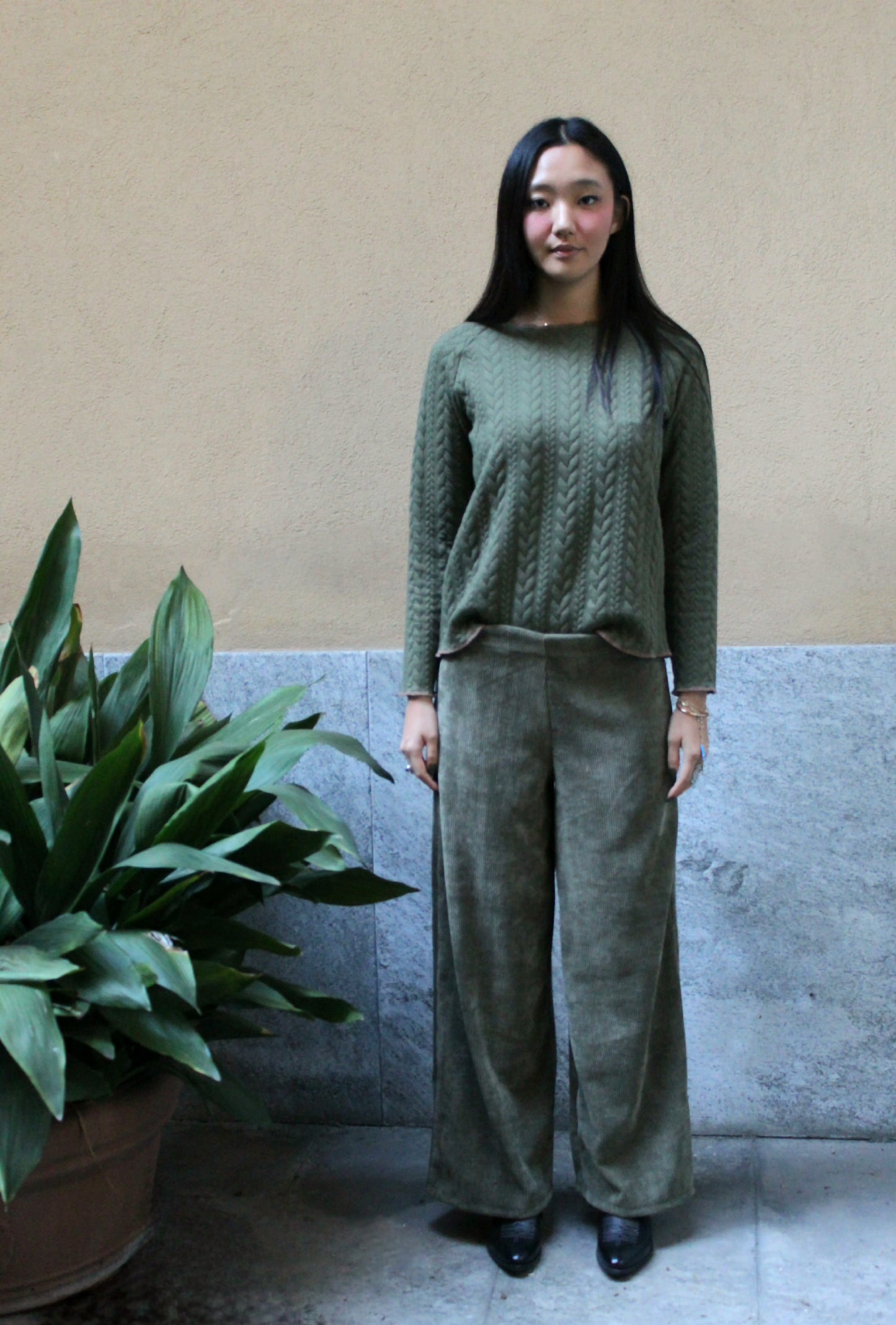 Felpa maniche lunghe treccia verde militare