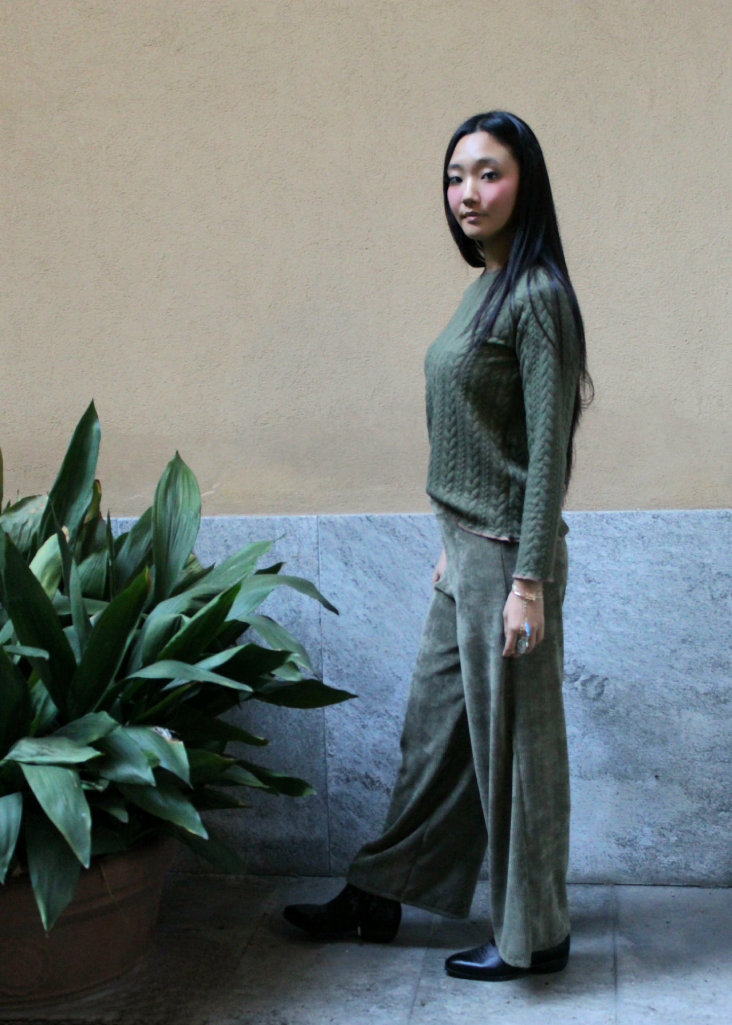 Jogger con elastico in vita velluto melange verde militare