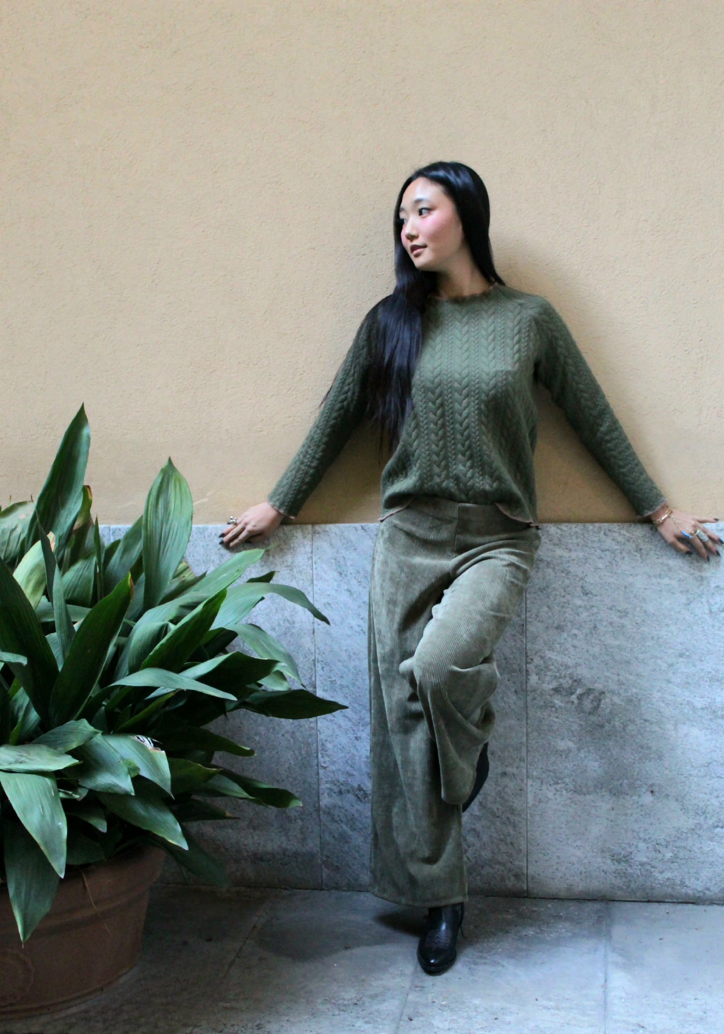 Felpa maniche lunghe treccia verde militare