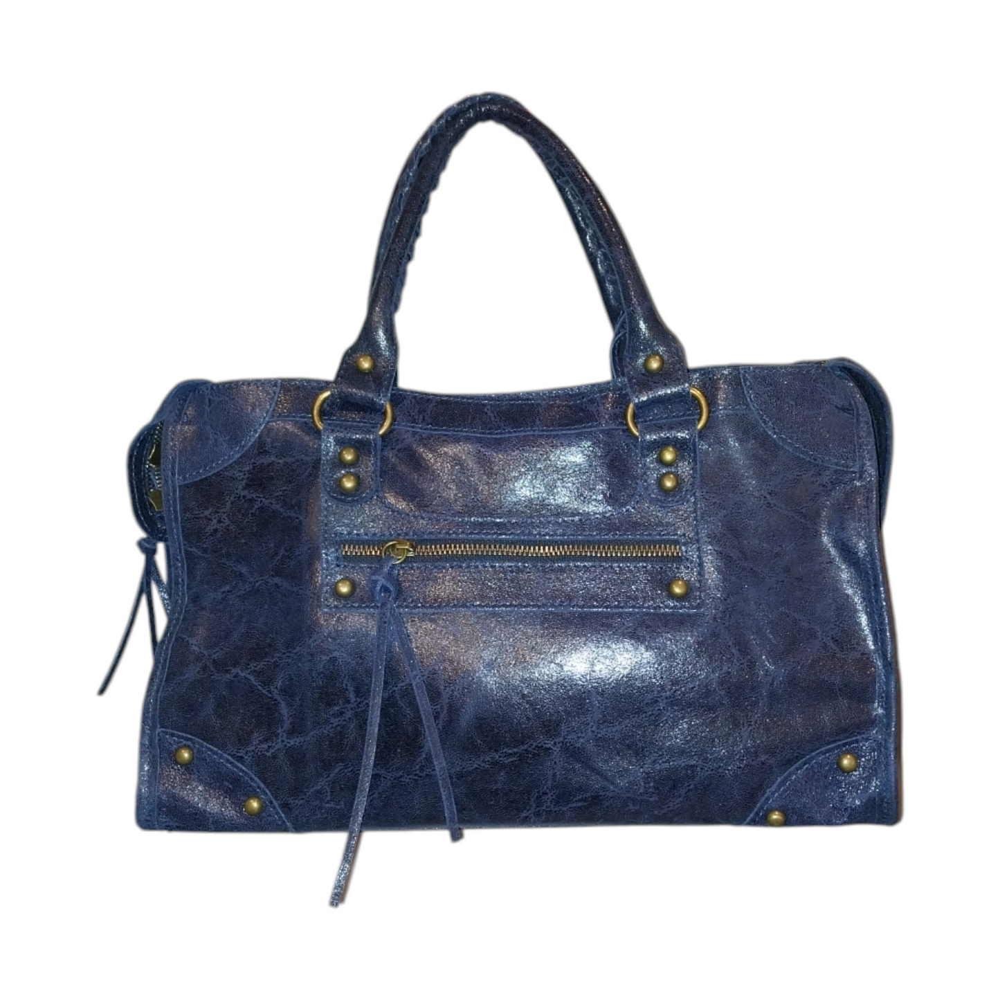 Borsa Midi Bag pelle blu effetto shiny
