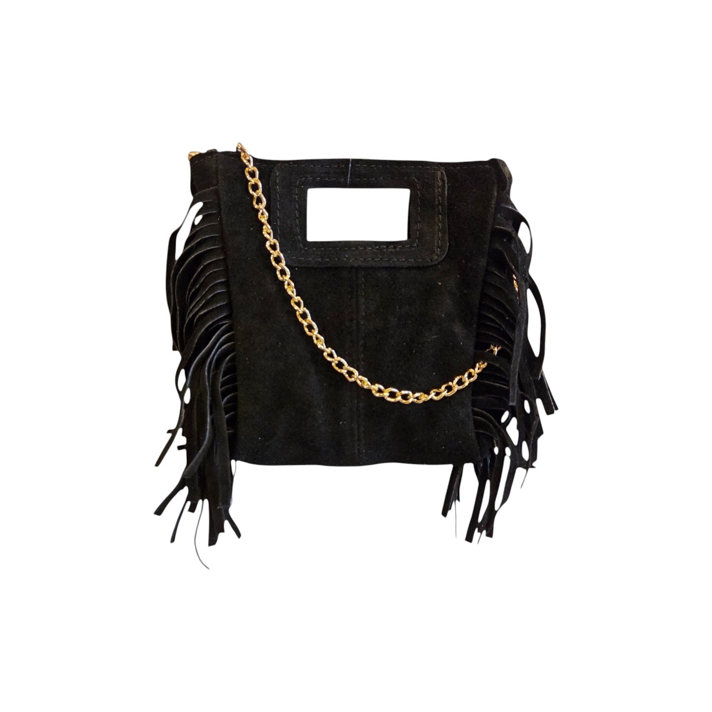 Borsa mini Suede con frange tracolla catena scamosciata nero
