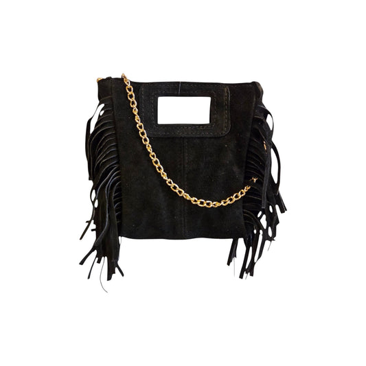 Borsa mini Suede con frange tracolla catena scamosciata nero