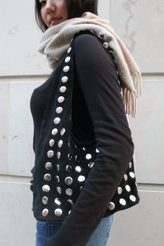 Borsa Suede in pelle vera con maxi borchie nero