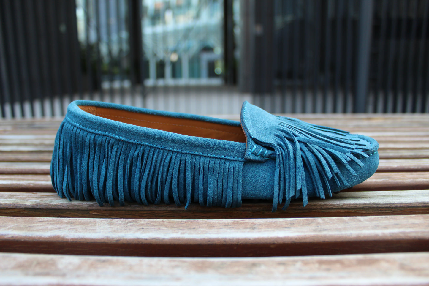 Mocassini scamosciati frange ottanio