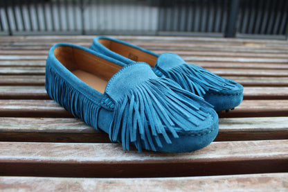 Mocassini scamosciati frange ottanio