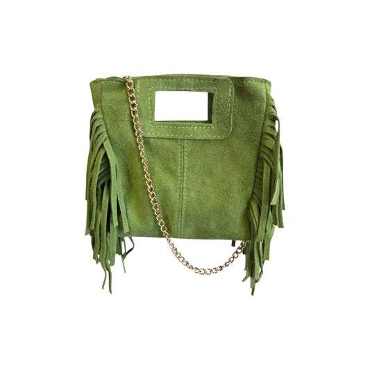 Borsa mini Suede con frange tracolla catena scamosciata pistacchio