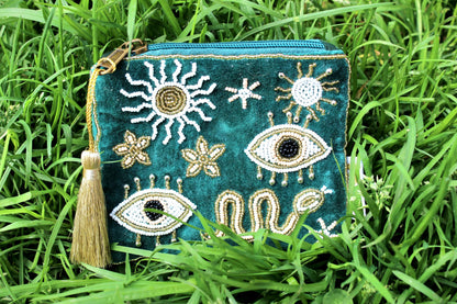 Pochette ricamata Occhi portafortuna petrolio