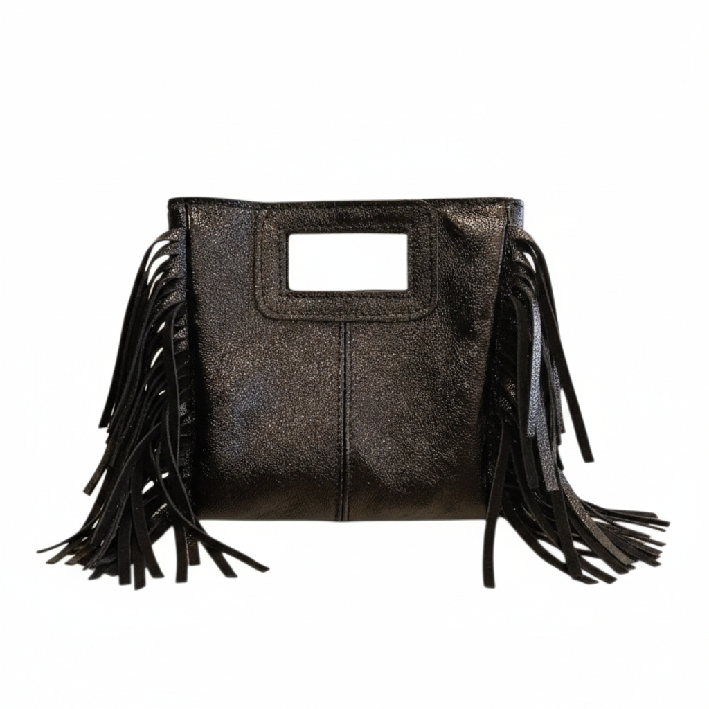 Borsa mini con frange laminato nero