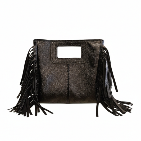 Borsa mini con frange laminato nero