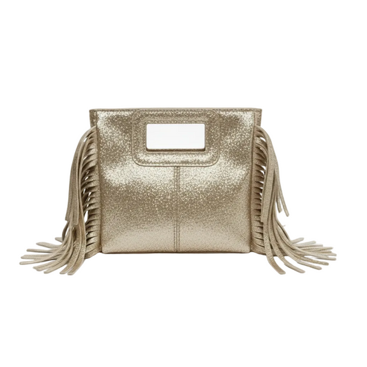 Borsa mini con frange laminato oro