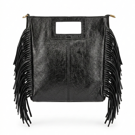 Borsa Maxi laminata nera con frange