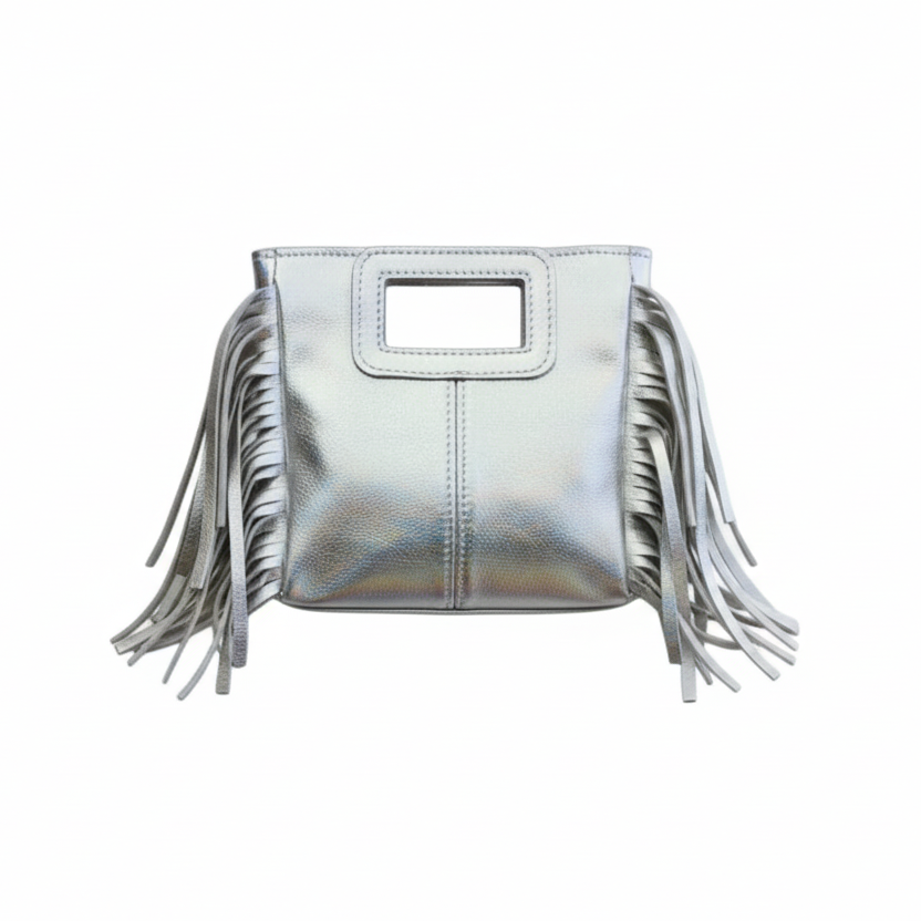 Borsa mini con frange laminato argento